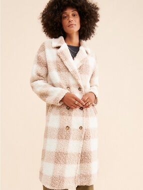SAYLOR Sarina Sherpa Plaid Teddy Overcoat in Tan Size S